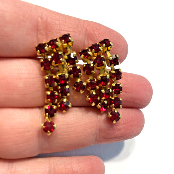 Screwback Earrings Gold & Red Rhinestone Drop Dangle Elegant Dressy Mid Century - Picture 5 of 6